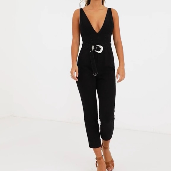 ASOS DESIGN Denim Plunge Jumpsuit & Western Belt - Picture 2 of 11